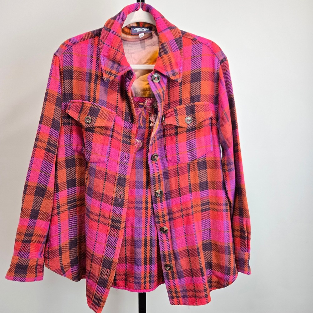 Johnny Was Workshop Plaid Embroidered Butterfly Flannel Shirt Jacket XS Boho